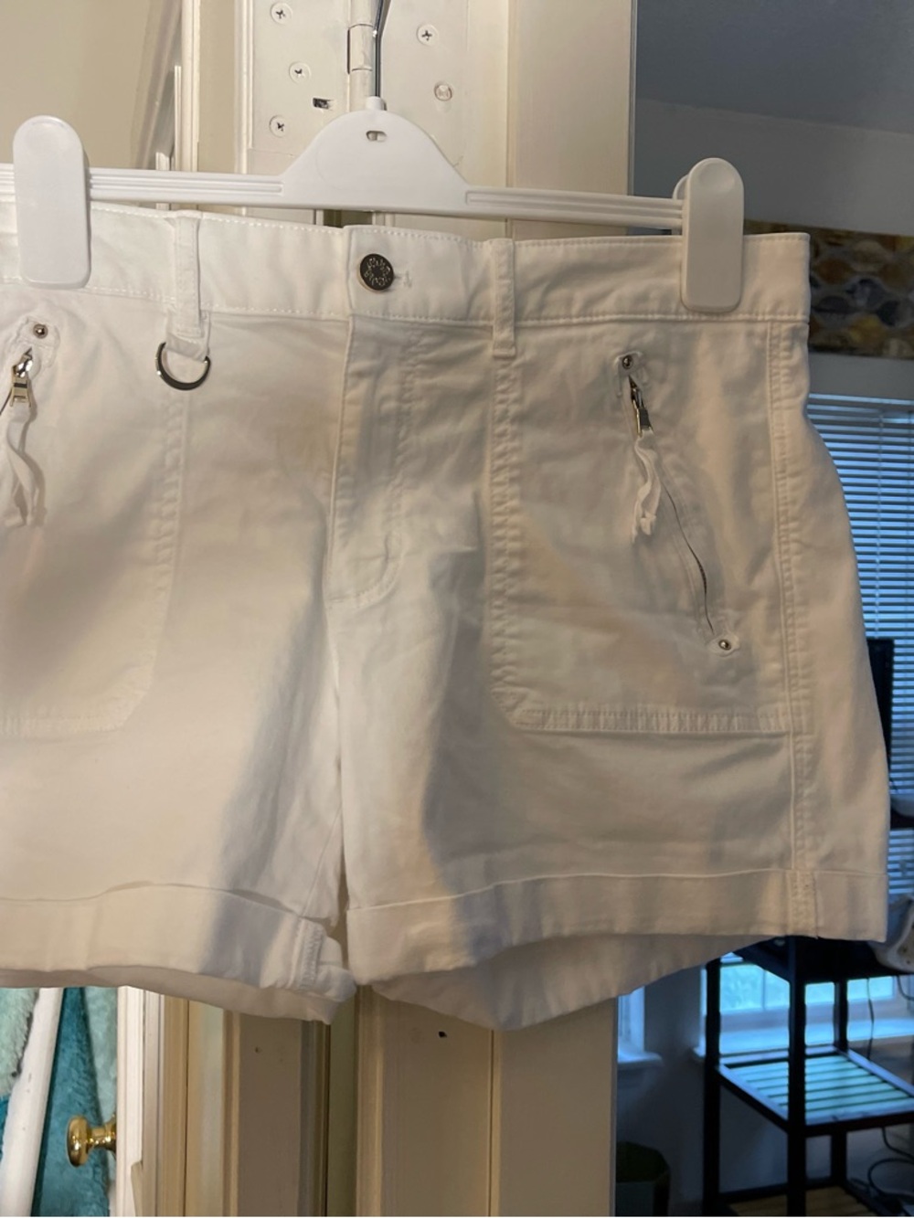 White House Black Market White Cotton Utility Shorts with Zipper Pockets